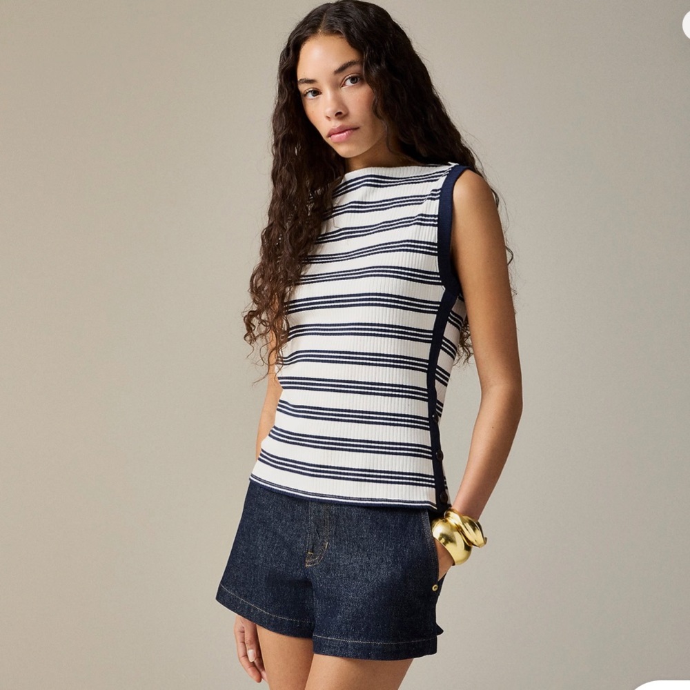 NWT J. Crew Navy & White Striped Premium Rib Side Button Boatneck Top Size S
